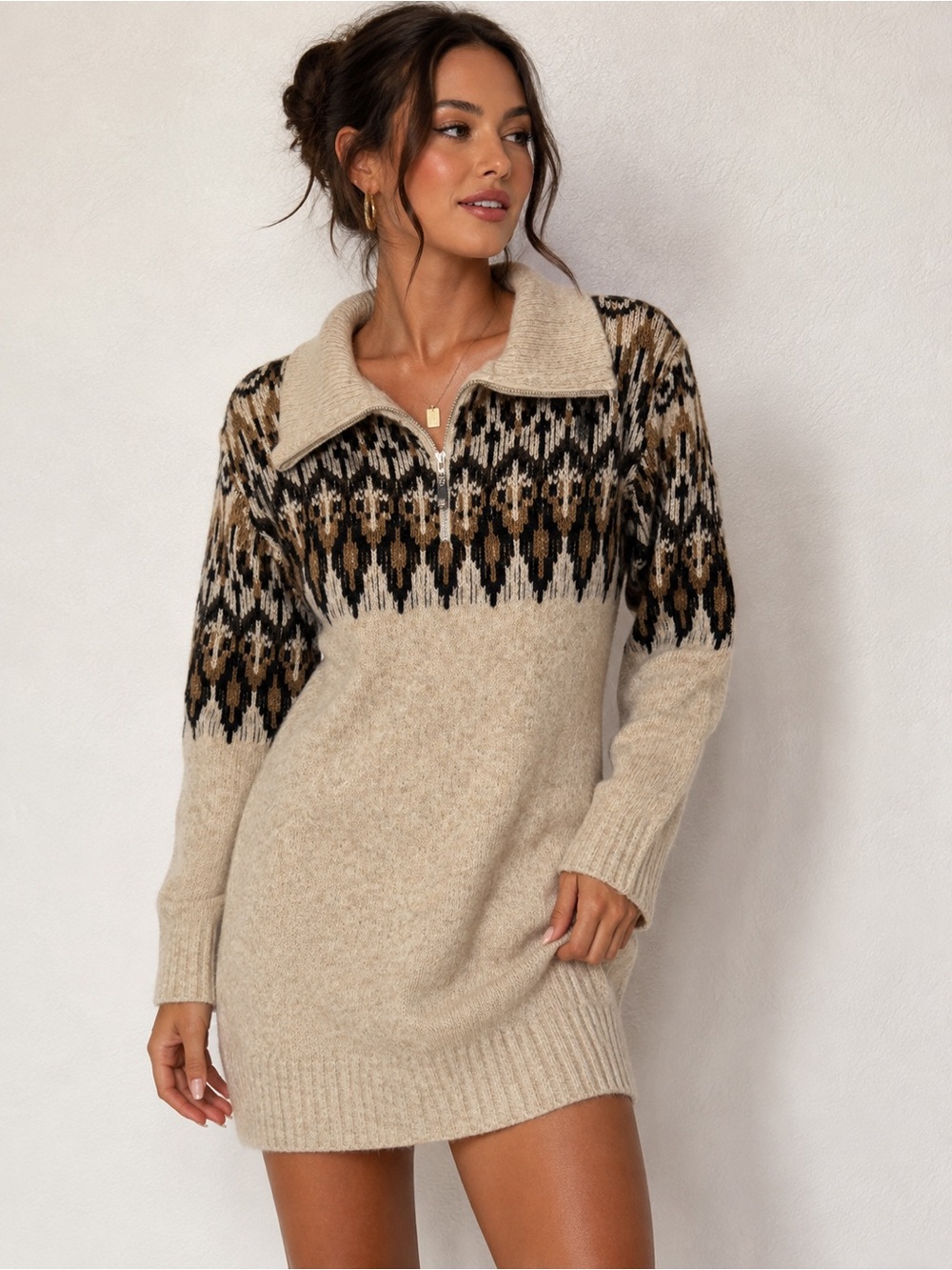 Steve Madden Fair Isle Sweater Dress Women’s Small Quarter Zip Nordic Knit - Picture 1 of 4